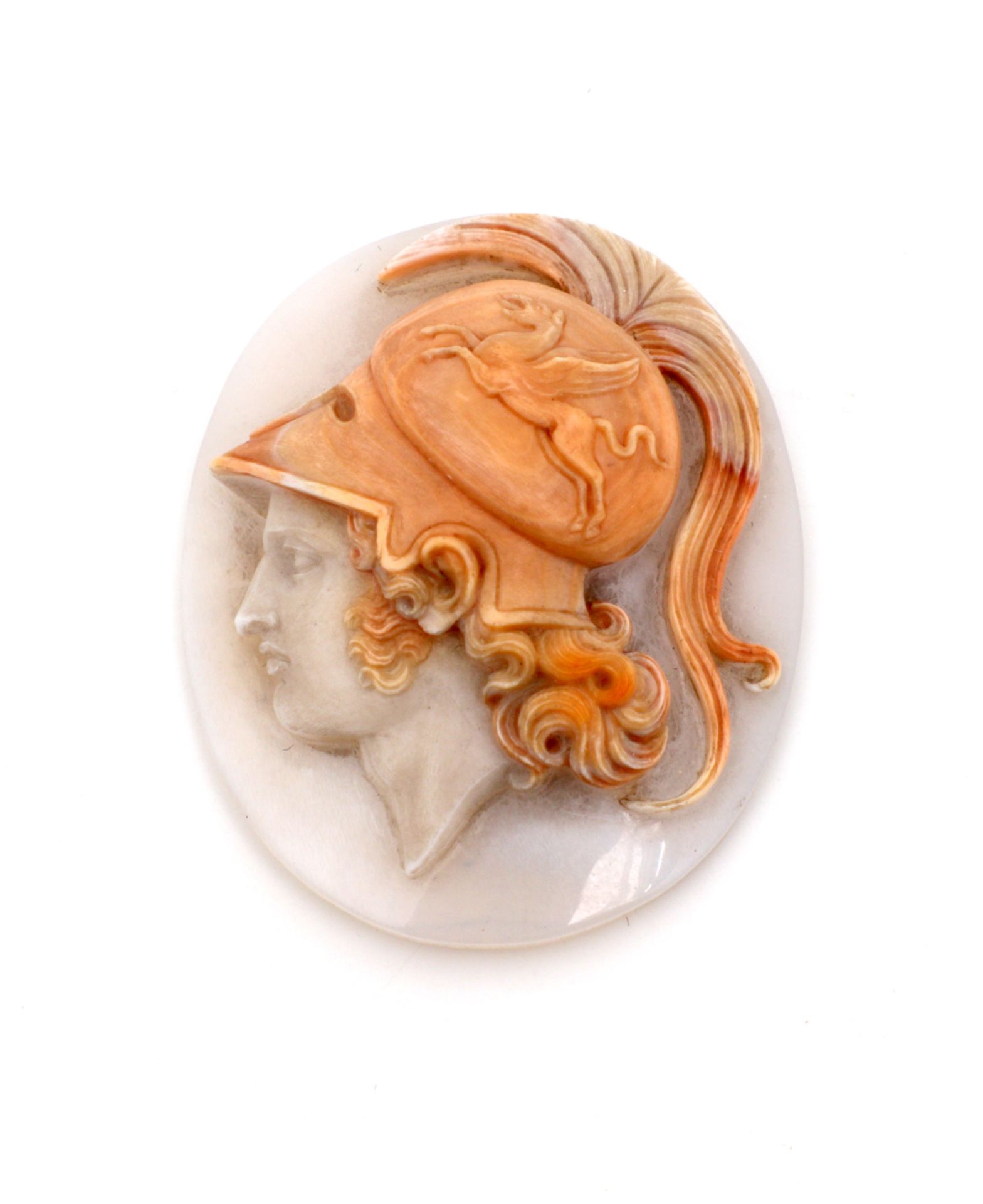 A SHELL CAMEO DEPICTING MARS Profusely carved shell, depicting Mars. Italy, 19th Century. Dim.: 3.