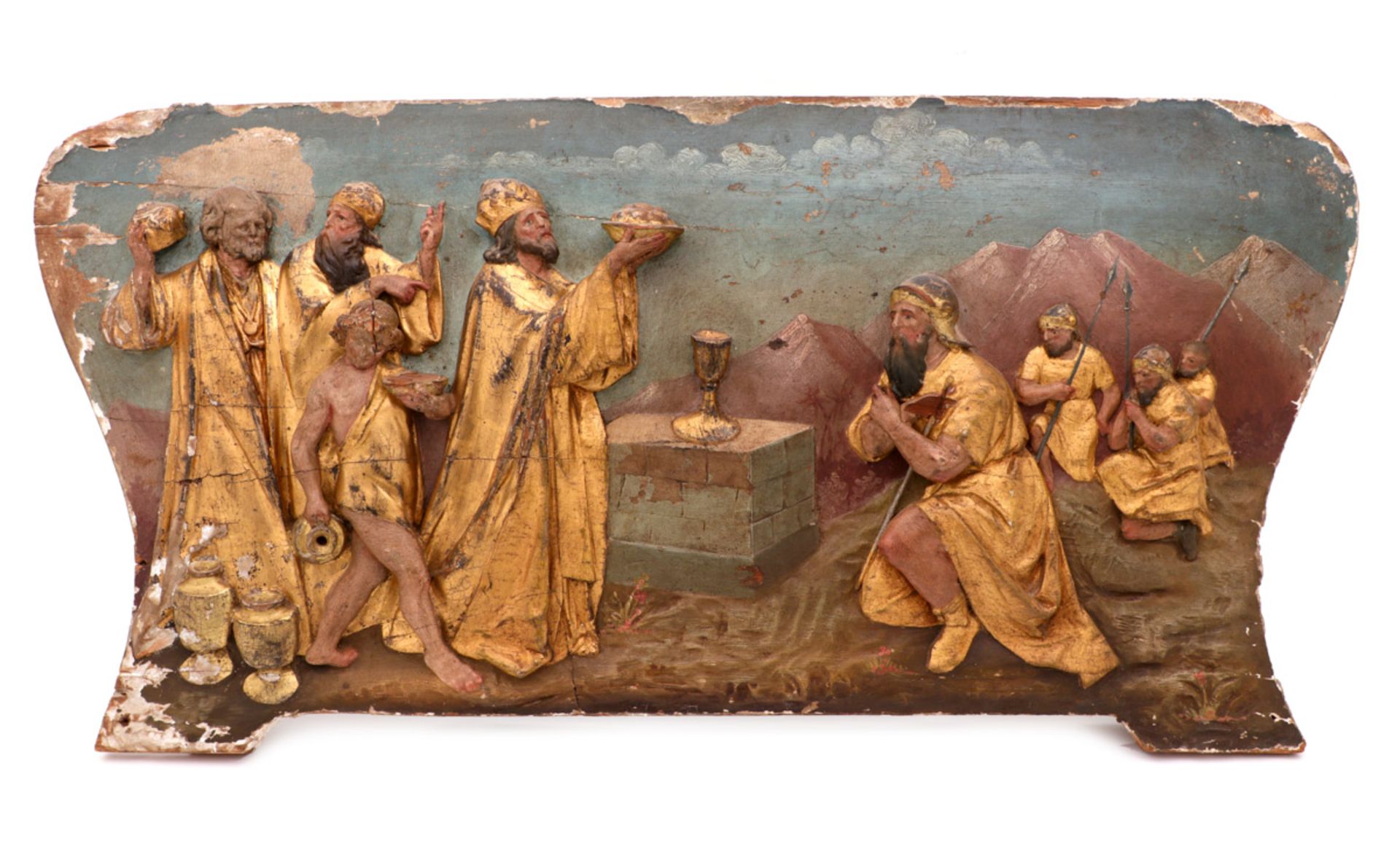 BIBLICAL SCENE Wood plaque in relief, polychrome and gilt decoration. Losses and defects. Dim.: 30.