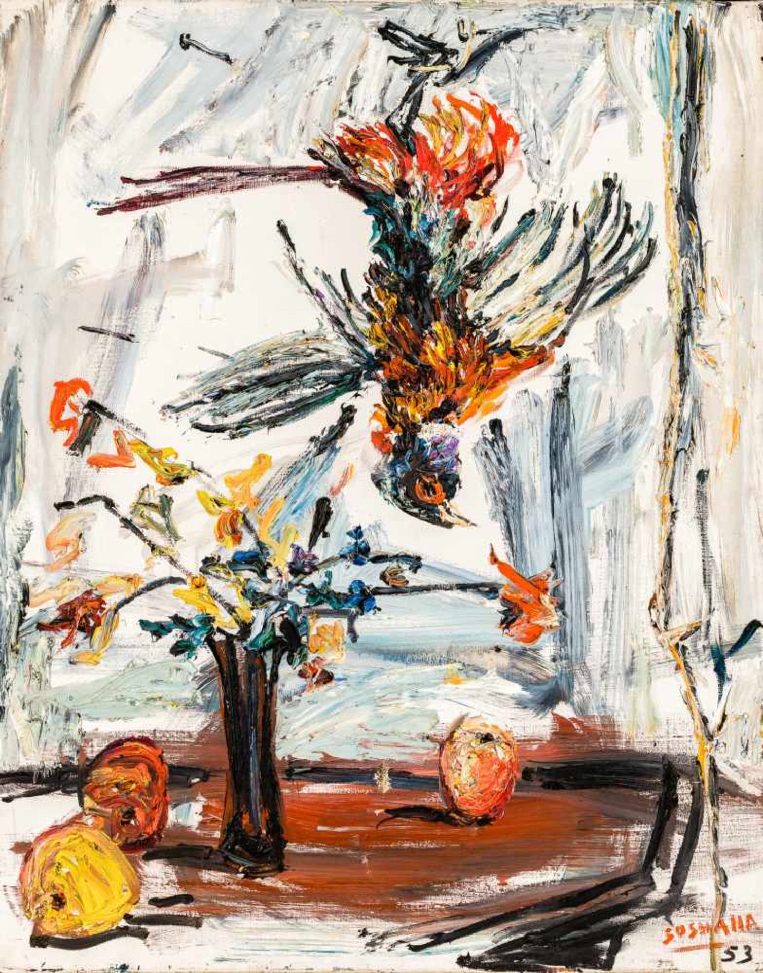 SoshanaWien 1927 - 2015 WienCock (Stillleben mit Blumen, Obst und Vogel)Öl auf Leinwand / oil on