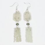 Pair of Chinese Jade and Sterling Silver Earrings