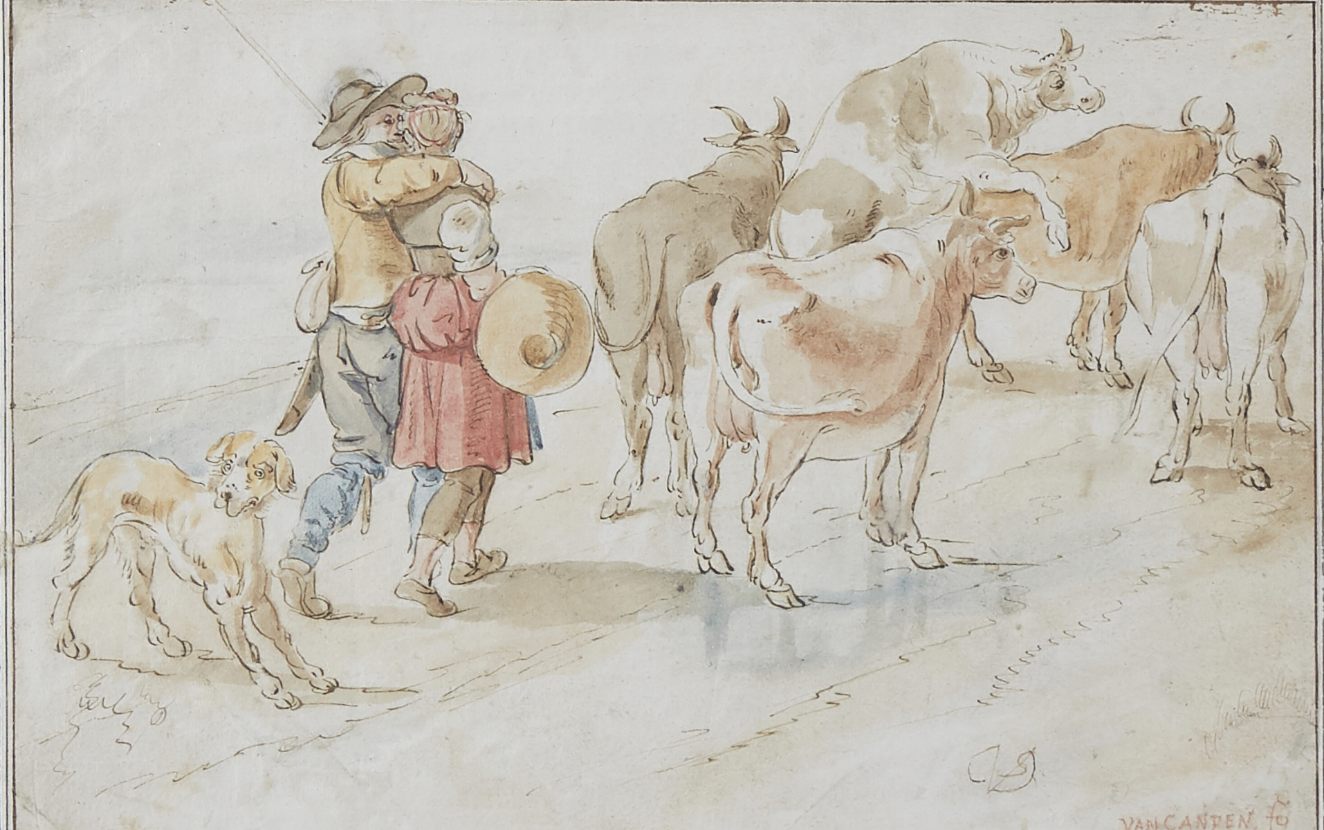 Pieter de Vries "A Herdsman and Girl Driving Cattle" Drawing on Paper