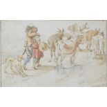 Pieter de Vries "A Herdsman and Girl Driving Cattle" Drawing on Paper