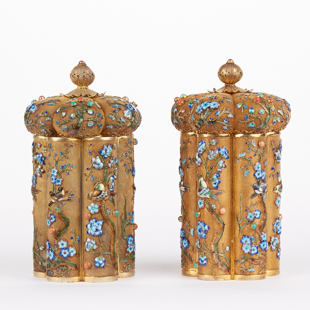 Pr Chinese Export Enameled Silver Tea Caddies - Image 3 of 8