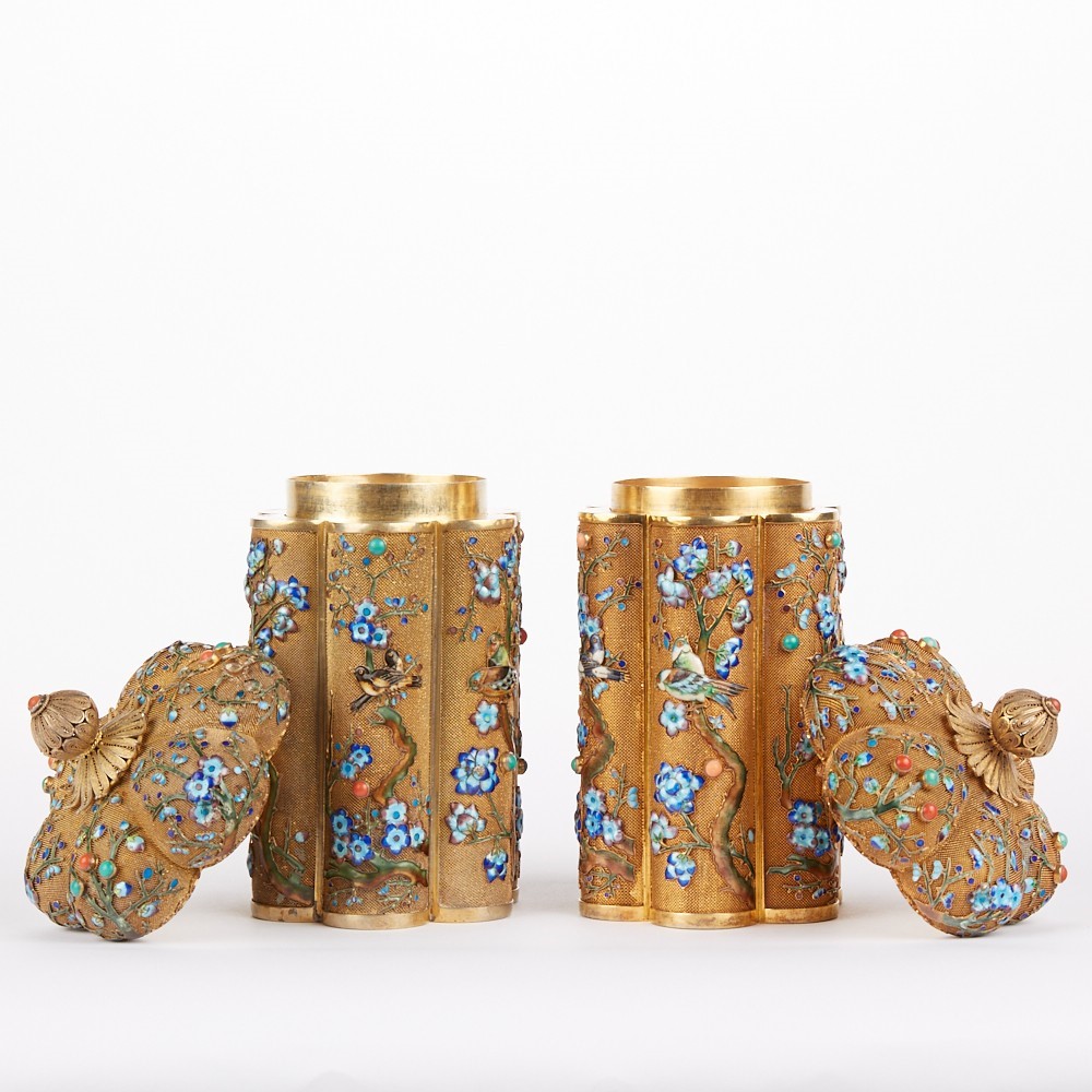 Pr Chinese Export Enameled Silver Tea Caddies - Image 4 of 8