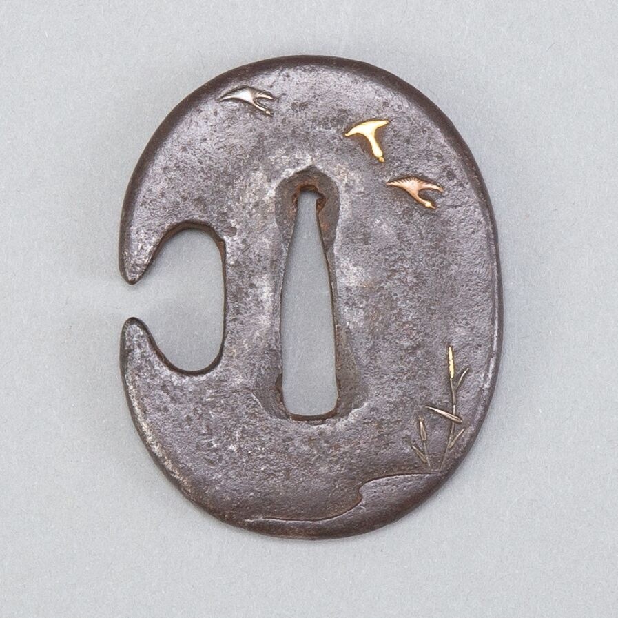 Japanese Edo Iron Tsuba with Birds and Reeds