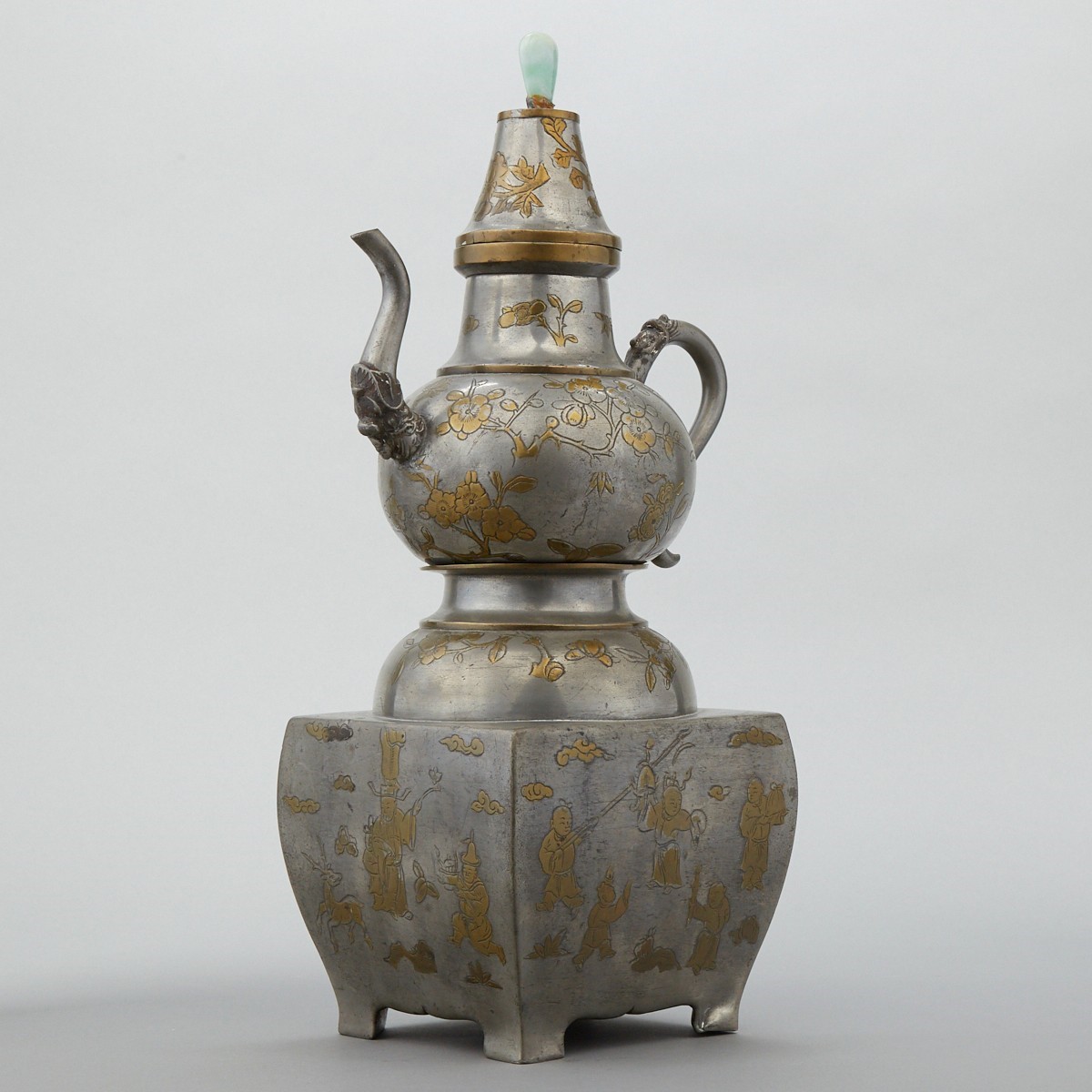 Chinese Pewter Wine Warmer w/ Jade Finial - Image 2 of 9