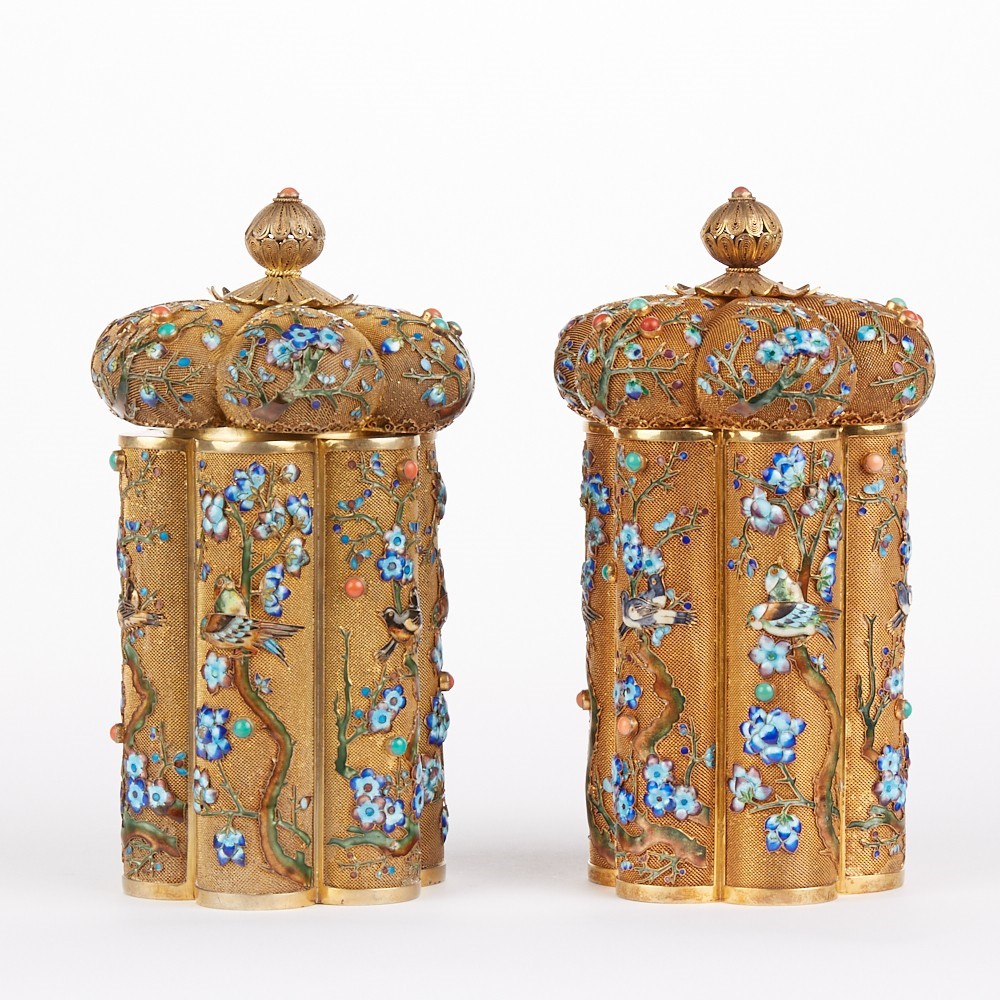 Pr Chinese Export Enameled Silver Tea Caddies