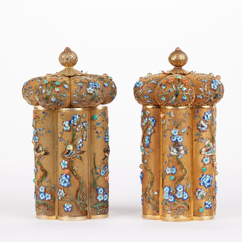 Pr Chinese Export Enameled Silver Tea Caddies - Image 2 of 8