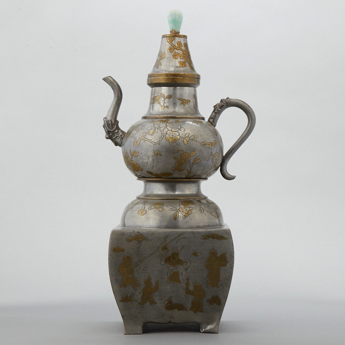 Chinese Pewter Wine Warmer w/ Jade Finial - Image 4 of 9