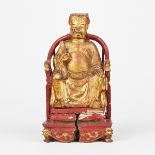 19th c. Chinese Wooden Temple Figure w/ Red Chair