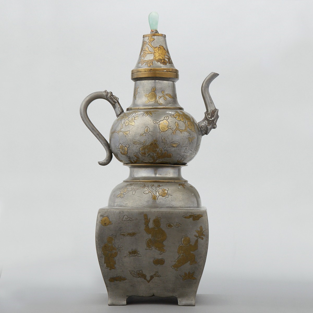 Chinese Pewter Wine Warmer w/ Jade Finial