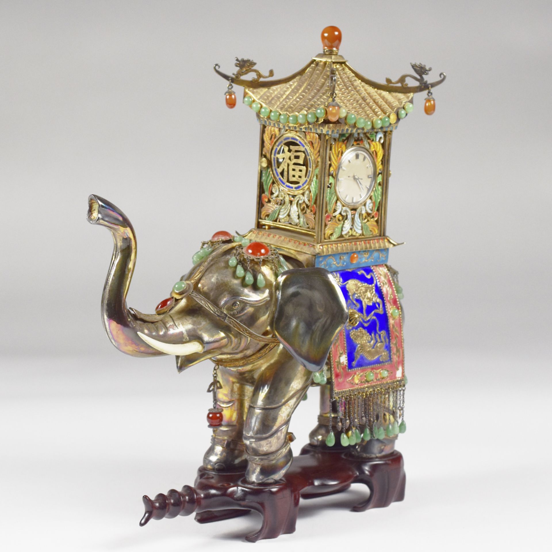 20th c. Enameled Silver Elephant Clock w/ Stand - Image 2 of 5