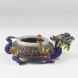 20th c. Chinese Silver Enameled Silver & Jade Dragon Ashtray