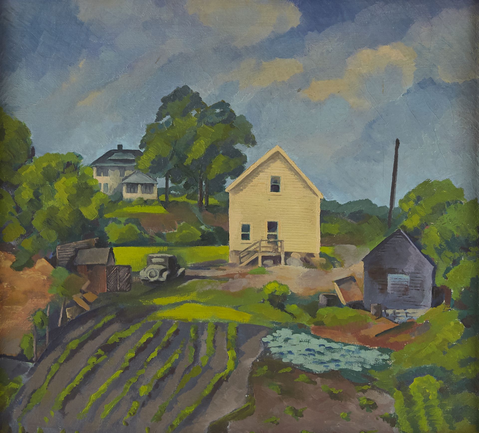 Regionalist Painting of Farmhouse Oil on Canvas