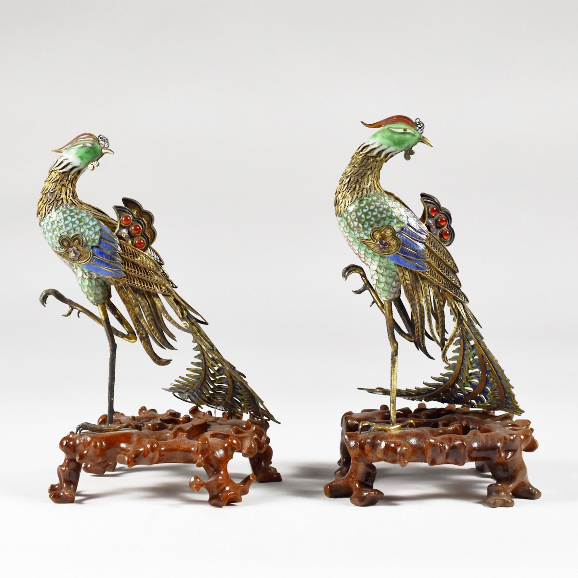 Pair of Chinese Enameled Silver Phoenix Birds - Image 3 of 7