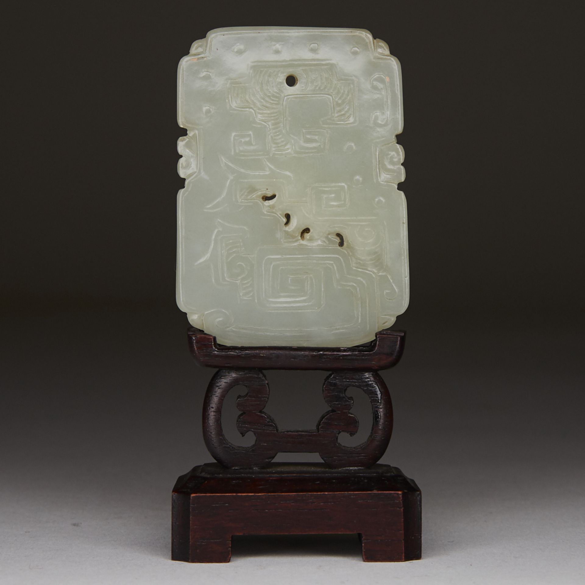 Chinese Carved Jade Pendant Plaque w/ Stand - Image 2 of 5
