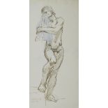 Paul Cadmus Standing Male Nude w/ Blue Cloth Crayon on Paper