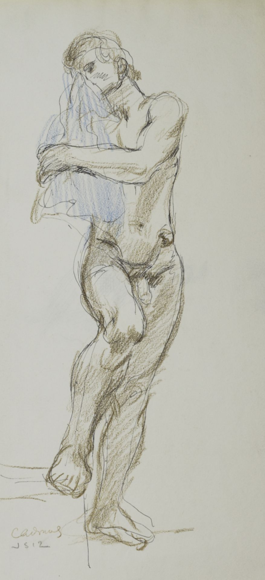 Paul Cadmus Standing Male Nude w/ Blue Cloth Crayon on Paper