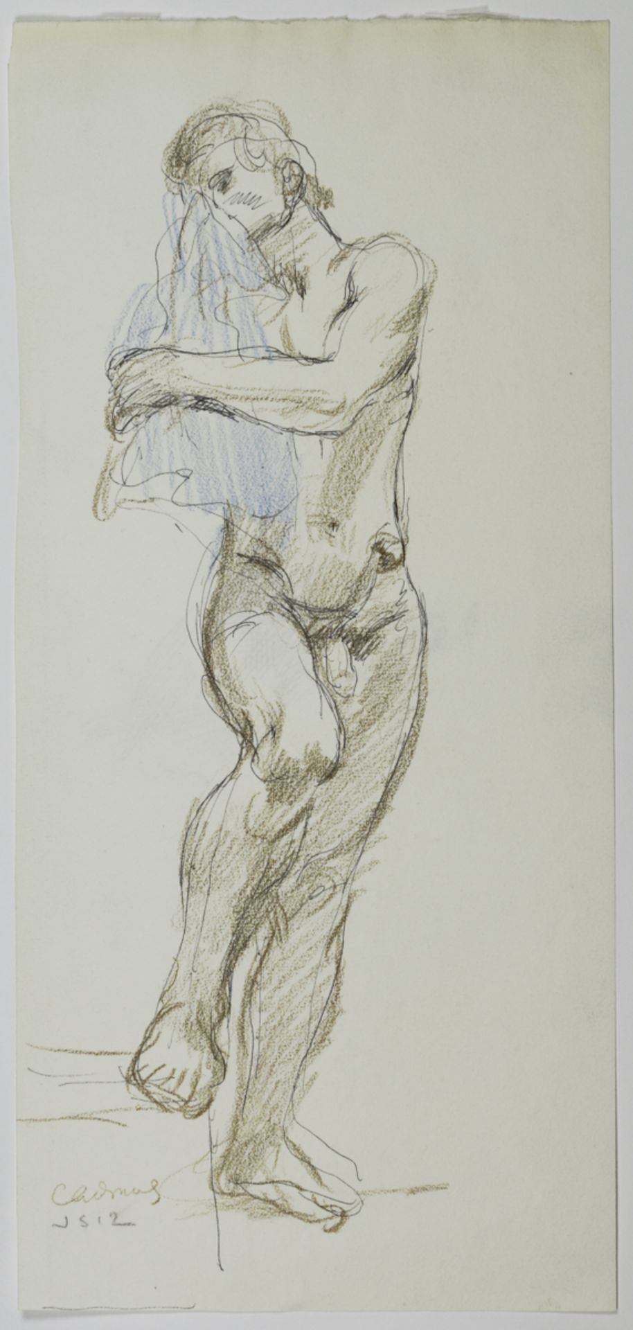 Paul Cadmus Standing Male Nude w/ Blue Cloth Crayon on Paper - Bild 2 aus 4