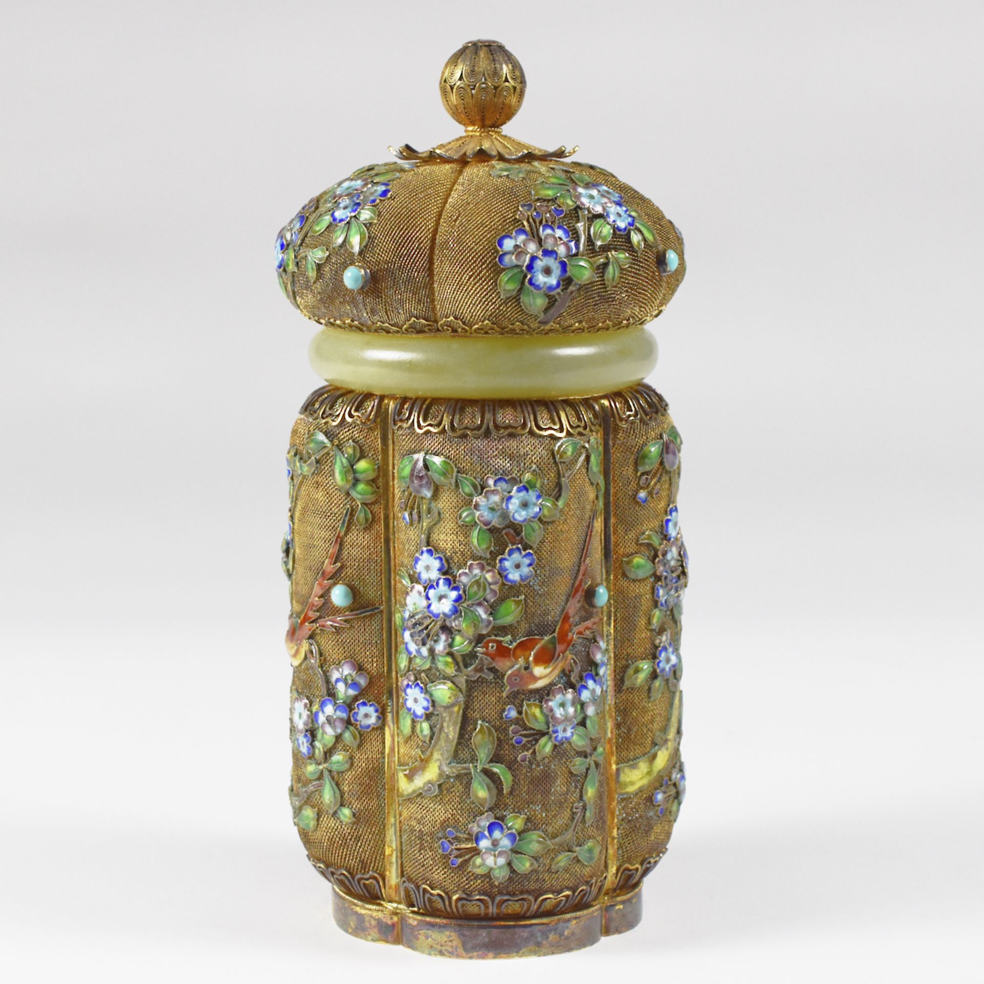 20th c. Chinese Enamel silver & Jade Tea Caddy - Image 3 of 8