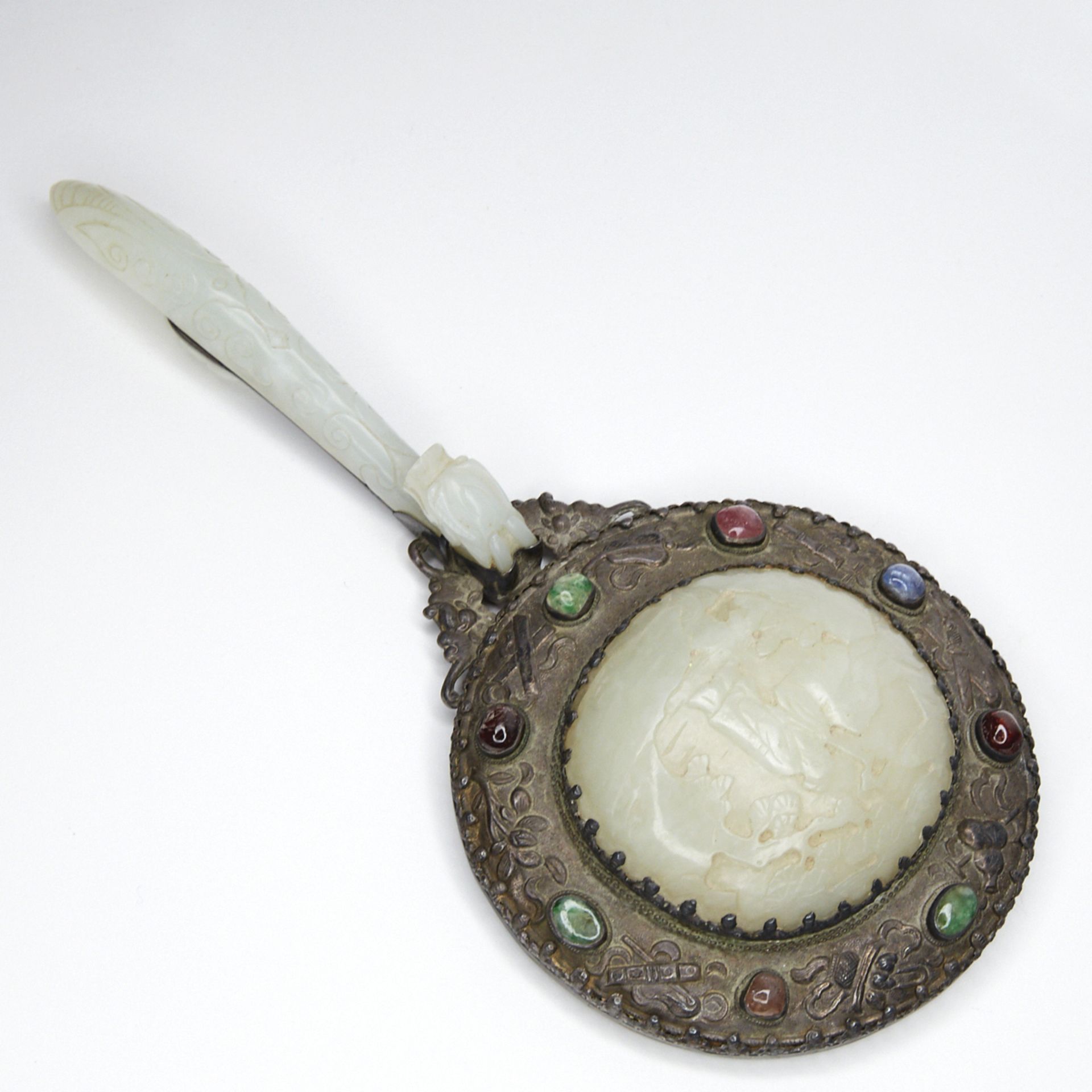 20th c. Chinese Jade Belt Hook and Silver Hand Mirror - Image 2 of 5