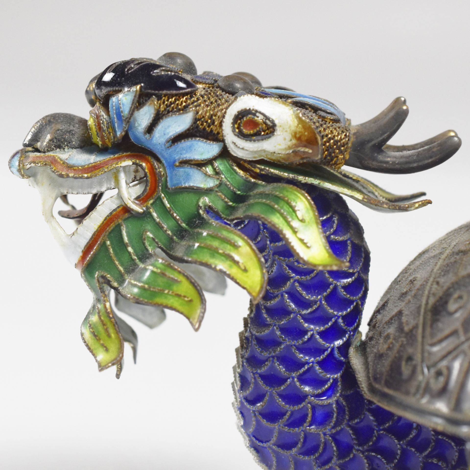 20th c. Chinese Silver Enameled Silver & Jade Dragon Ashtray - Image 6 of 8