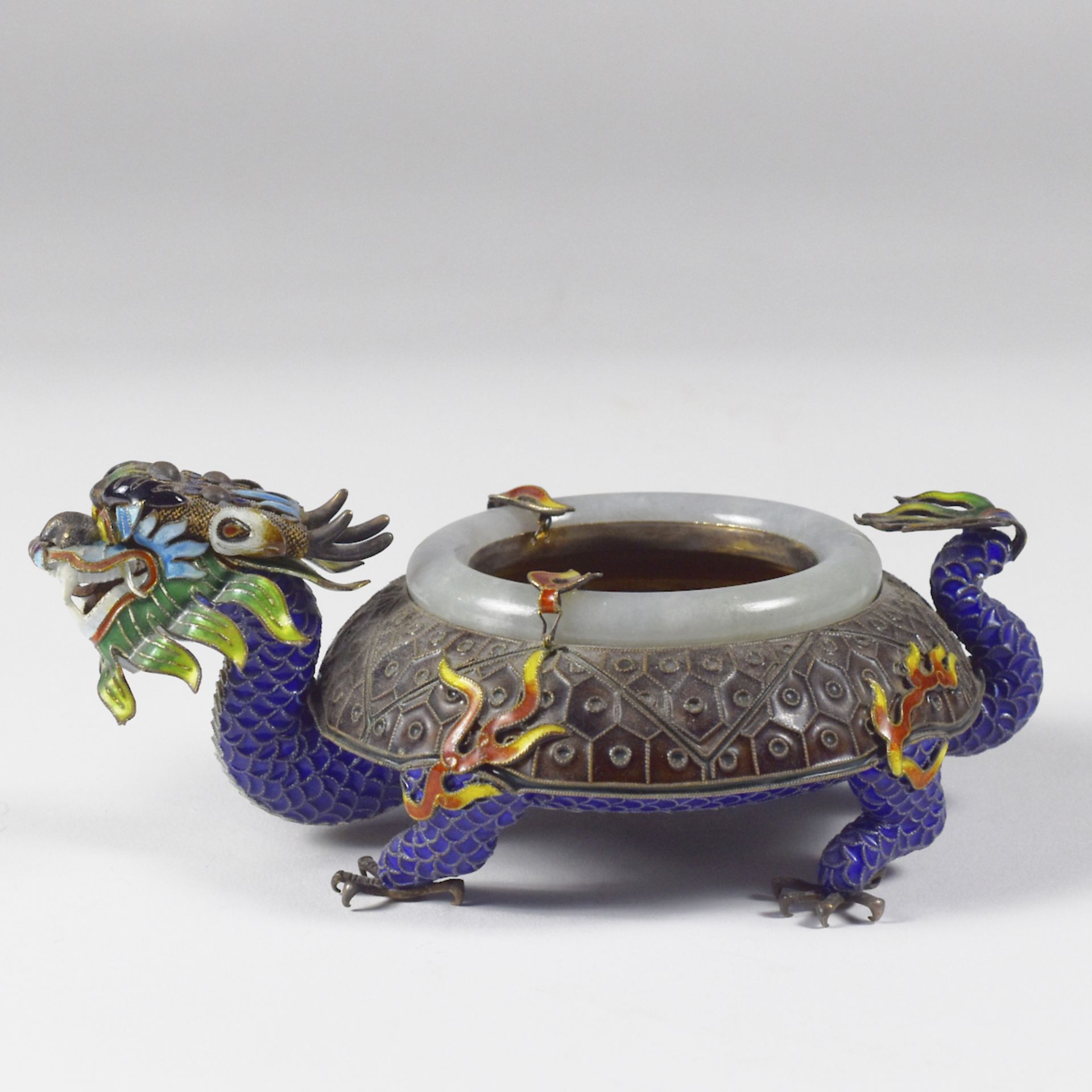 20th c. Chinese Silver Enameled Silver & Jade Dragon Ashtray - Image 3 of 8
