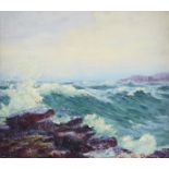 Carl Rawson Waves Crashing on Rocks Oil on Board