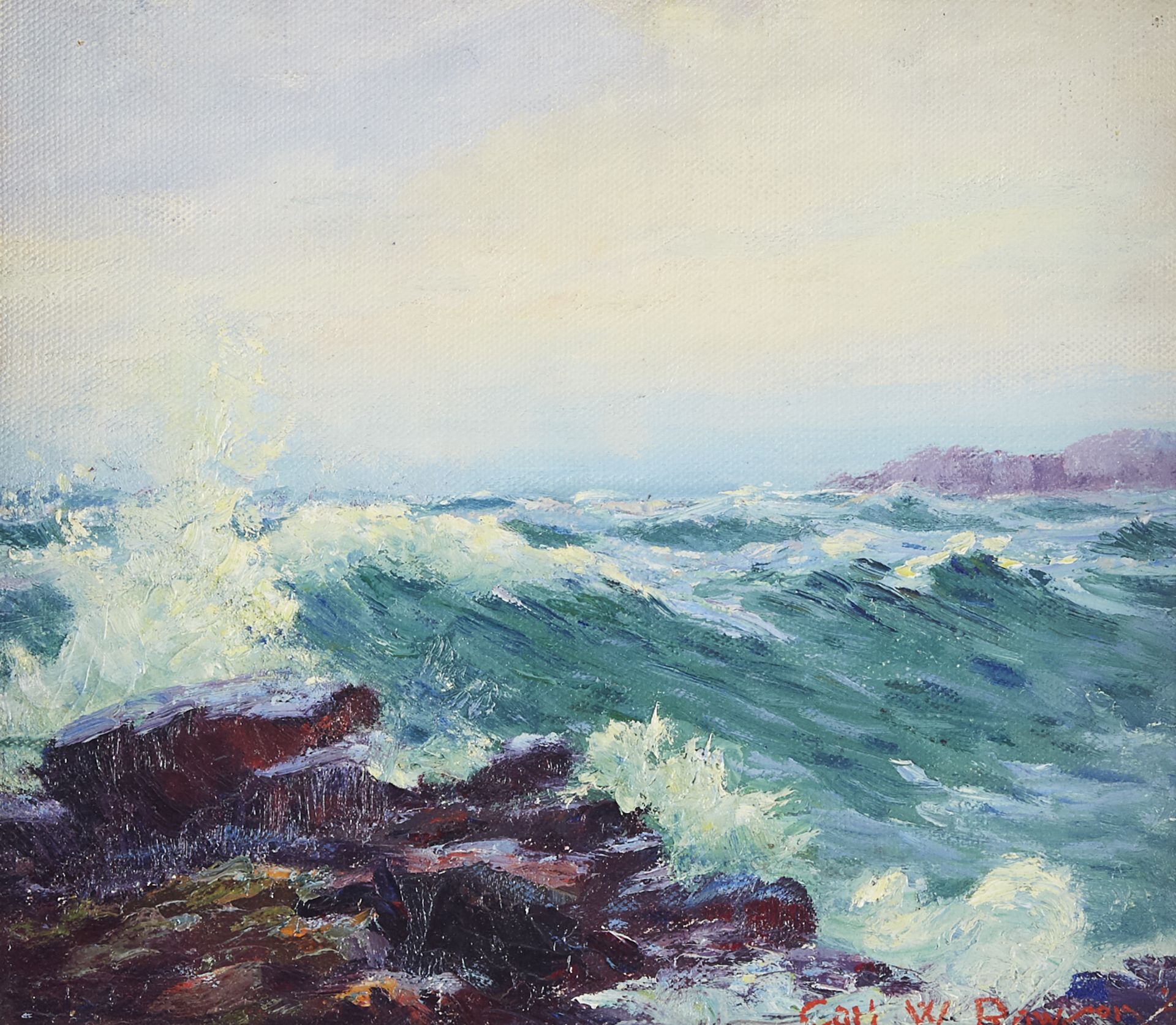 Carl Rawson Waves Crashing on Rocks Oil on Board