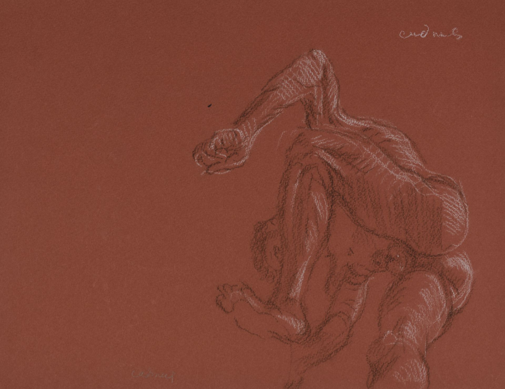 Paul Cadmus Male Nude in Dynamic Pose Crayon on Red Paper