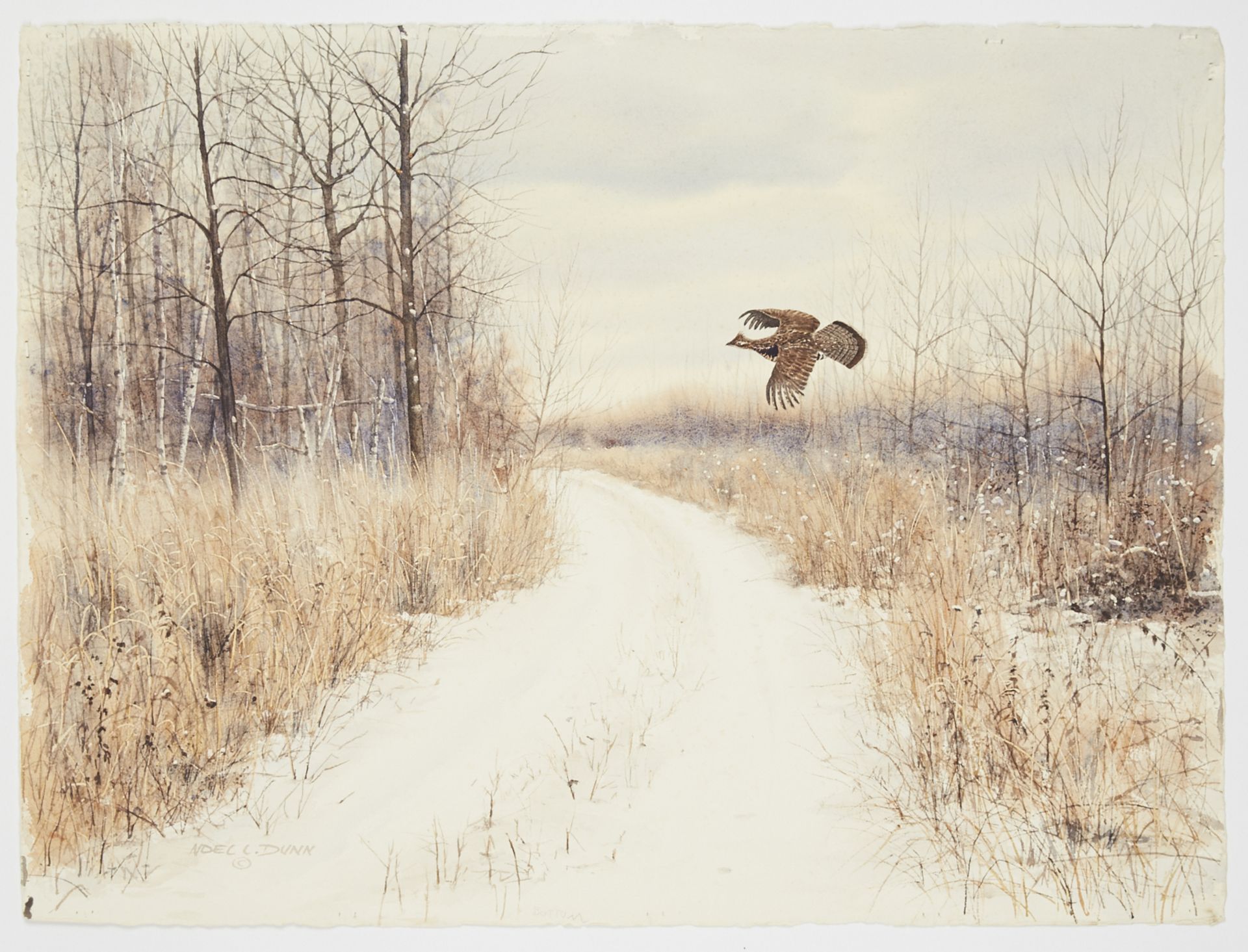 Noel L. Dunn Pheasant Flying Winter Landscape Watercolor on Paper Board - Image 2 of 3