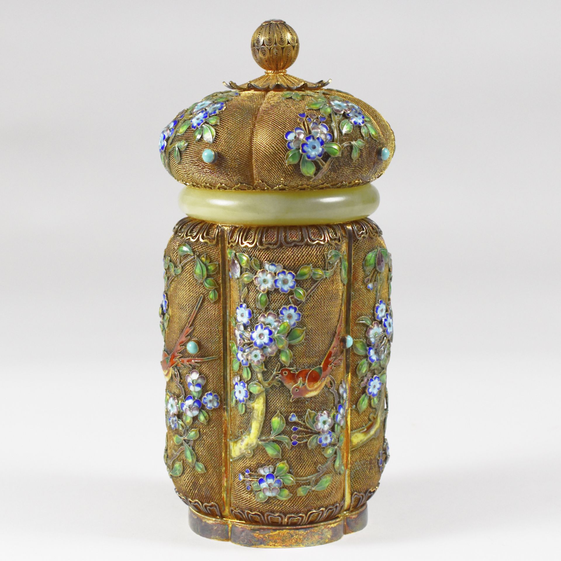 20th c. Chinese Enamel silver & Jade Tea Caddy - Image 4 of 8