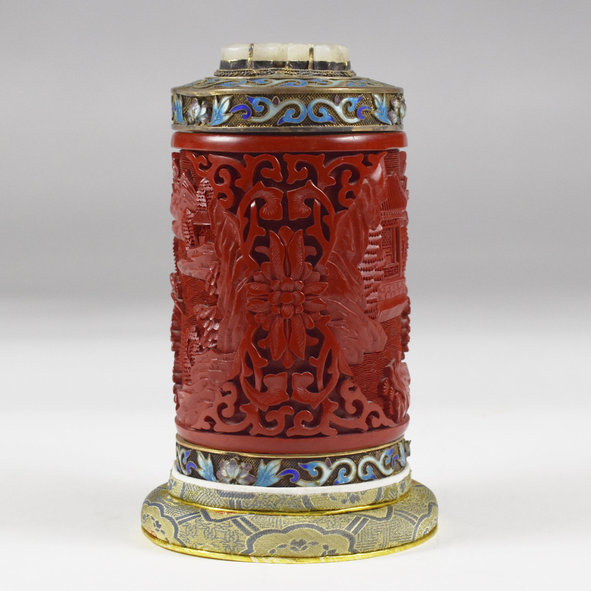 20th c. Chinese Cinnabar Enamel & Jade Tea Caddy - Image 2 of 10