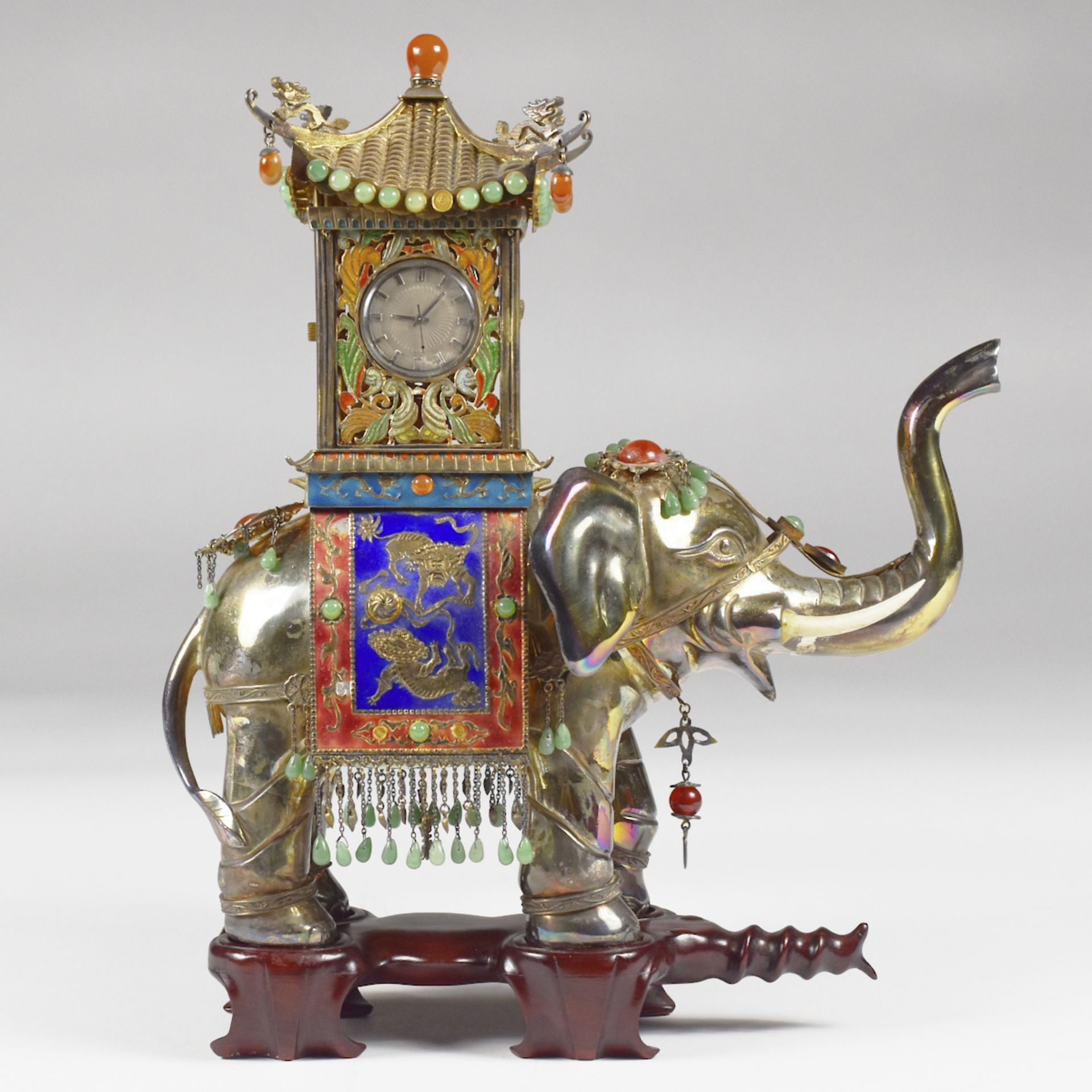 20th c. Enameled Silver Elephant Clock w/ Stand - Image 4 of 5