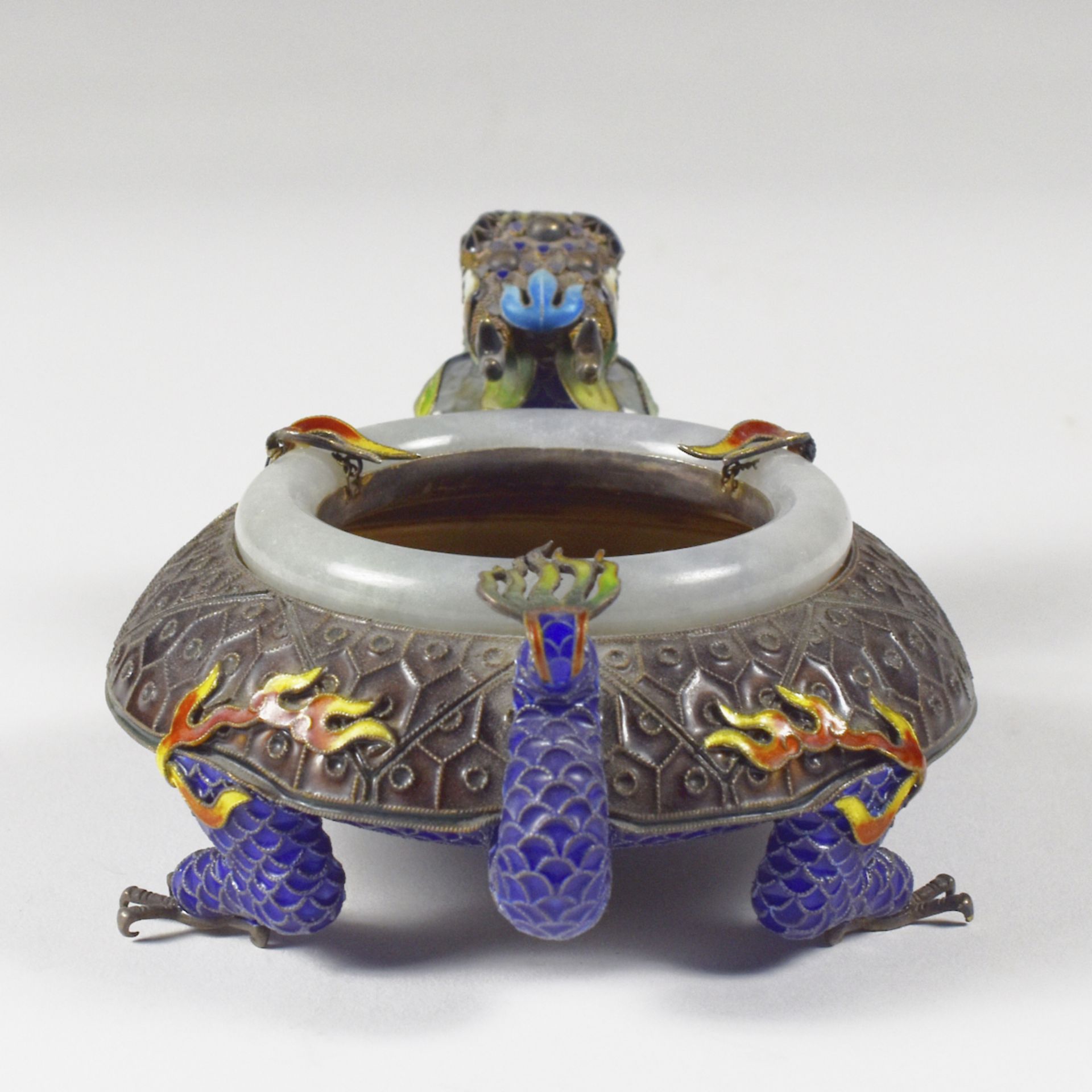 20th c. Chinese Silver Enameled Silver & Jade Dragon Ashtray - Image 4 of 8
