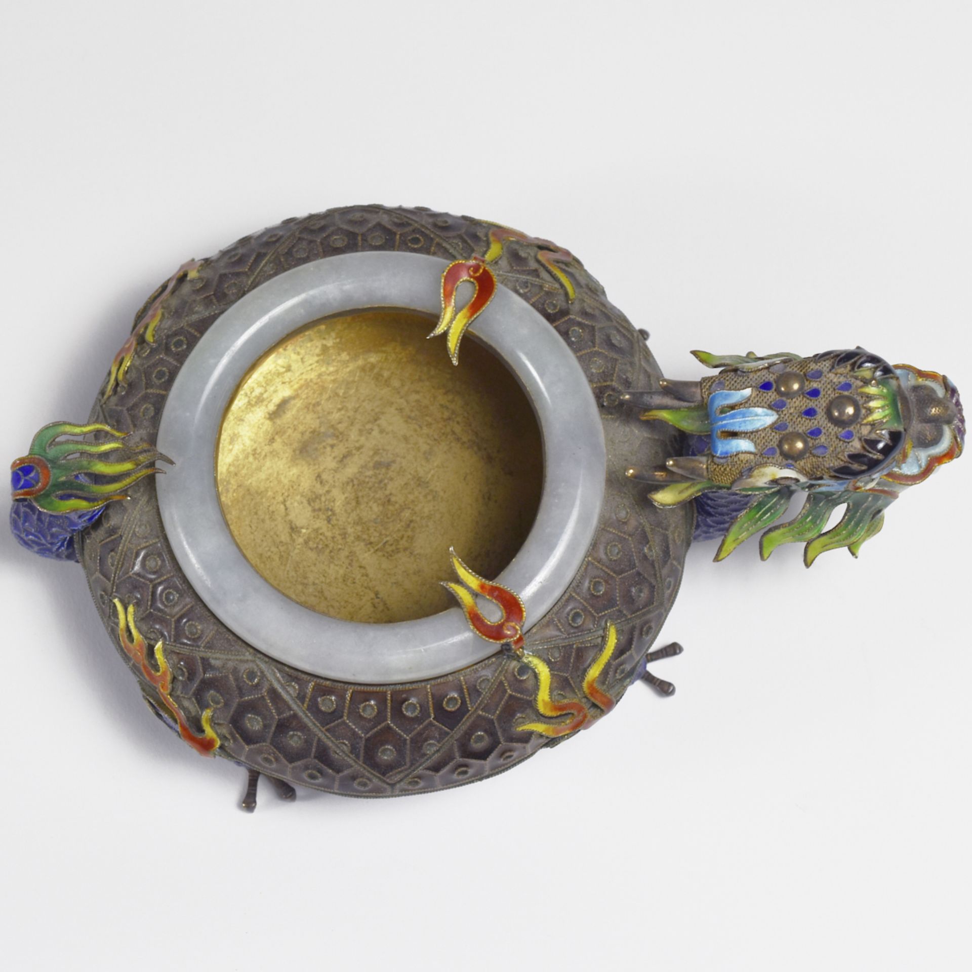 20th c. Chinese Silver Enameled Silver & Jade Dragon Ashtray - Image 5 of 8