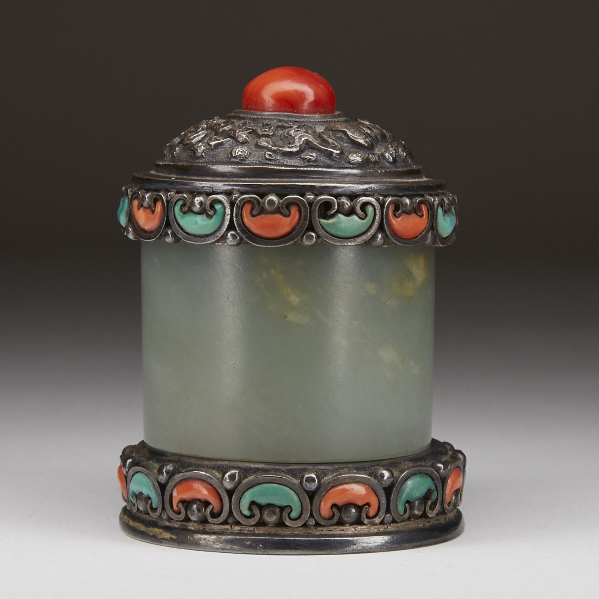 Antique Tibetan Silver Coral and Jade Archers Ring Box - Image 3 of 6