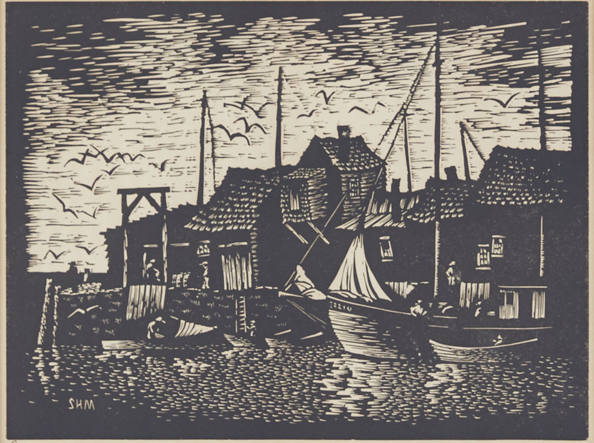 Deco Woodblock Print "Rockport Mass" SHM