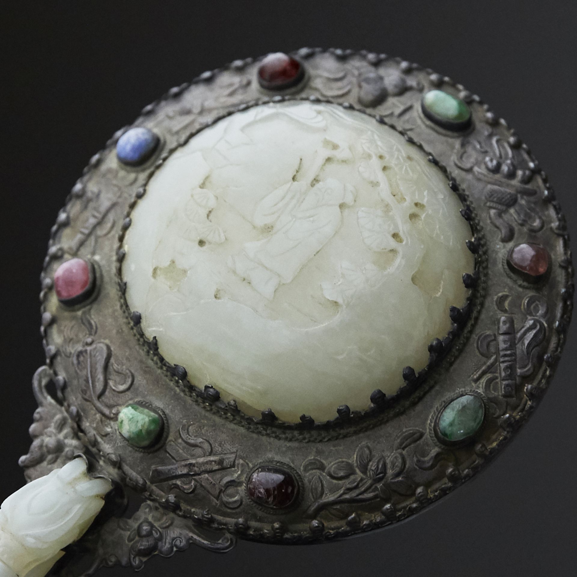 20th c. Chinese Jade Belt Hook and Silver Hand Mirror - Image 4 of 5