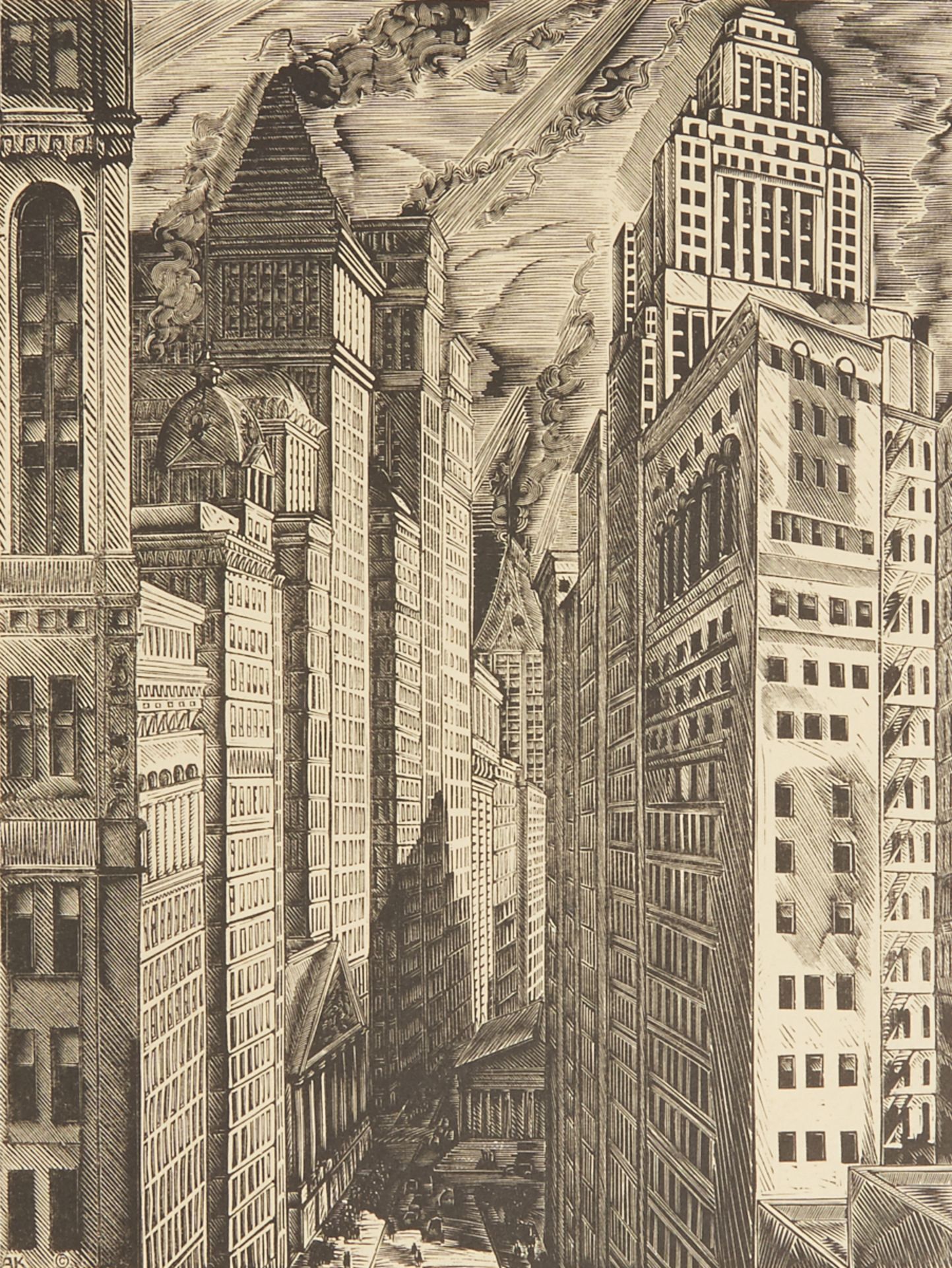 Deco Era Wood Engraving "Broad Street Canyon" Kravchenko