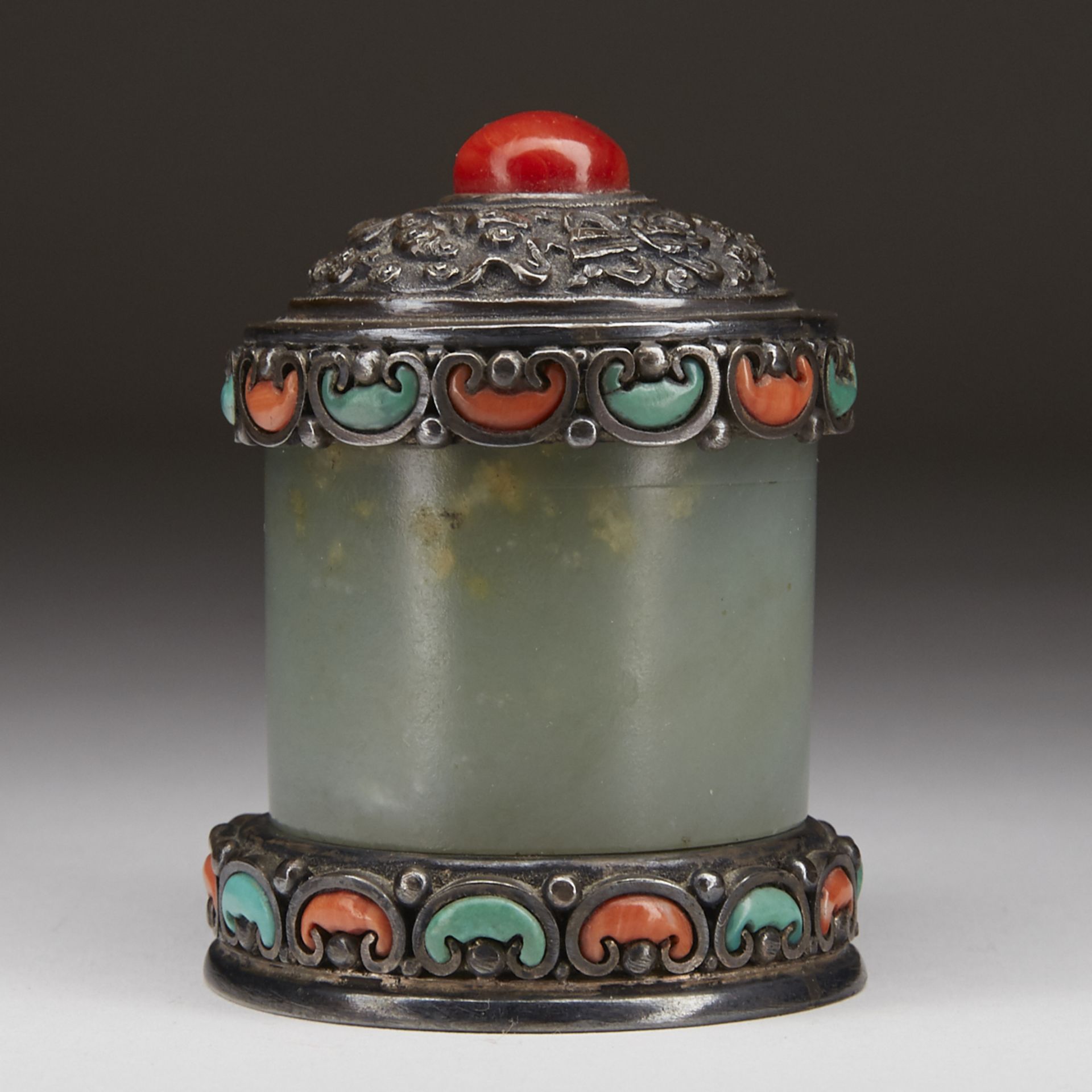 Antique Tibetan Silver Coral and Jade Archers Ring Box - Image 2 of 6