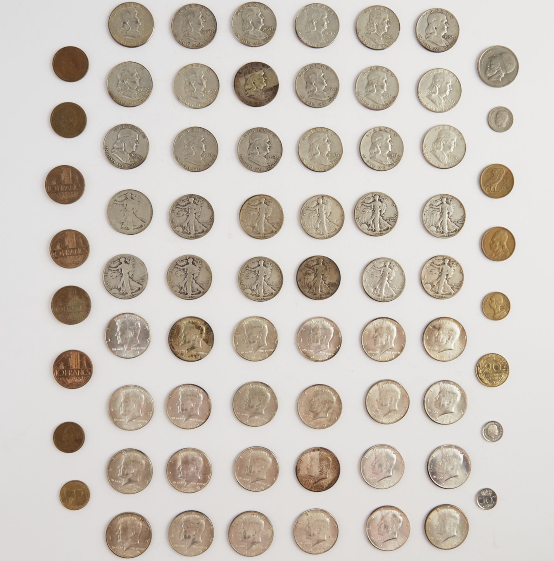 Grp: 54 Half Dollar Coins & 16 Foreign Coins