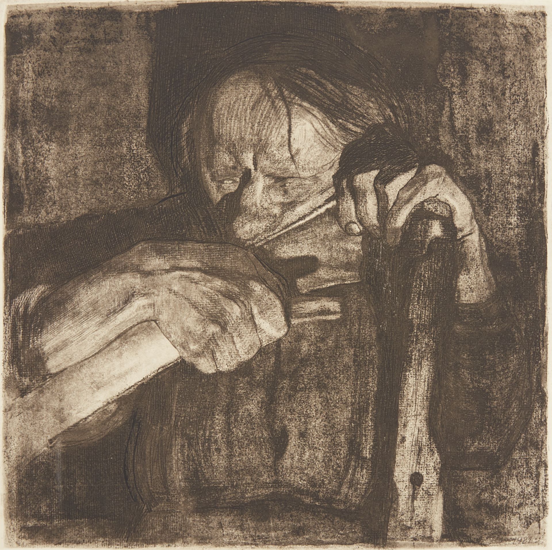 Kathe Kollwitz "Whetting the Scythe" Etching & Drypoint