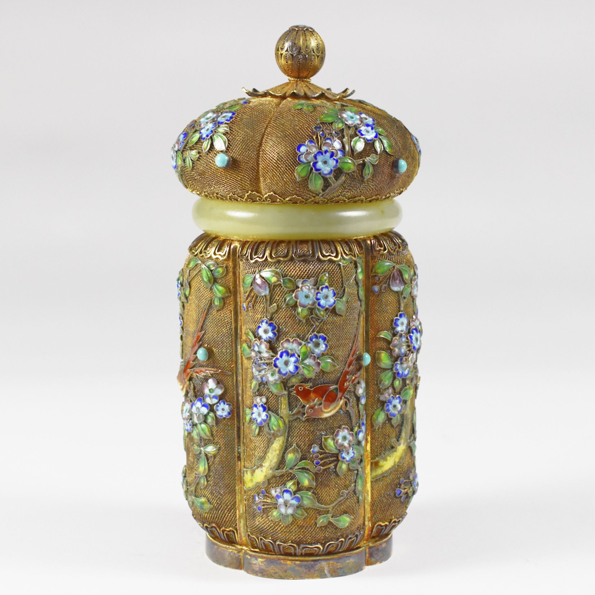 20th c. Chinese Enamel silver & Jade Tea Caddy