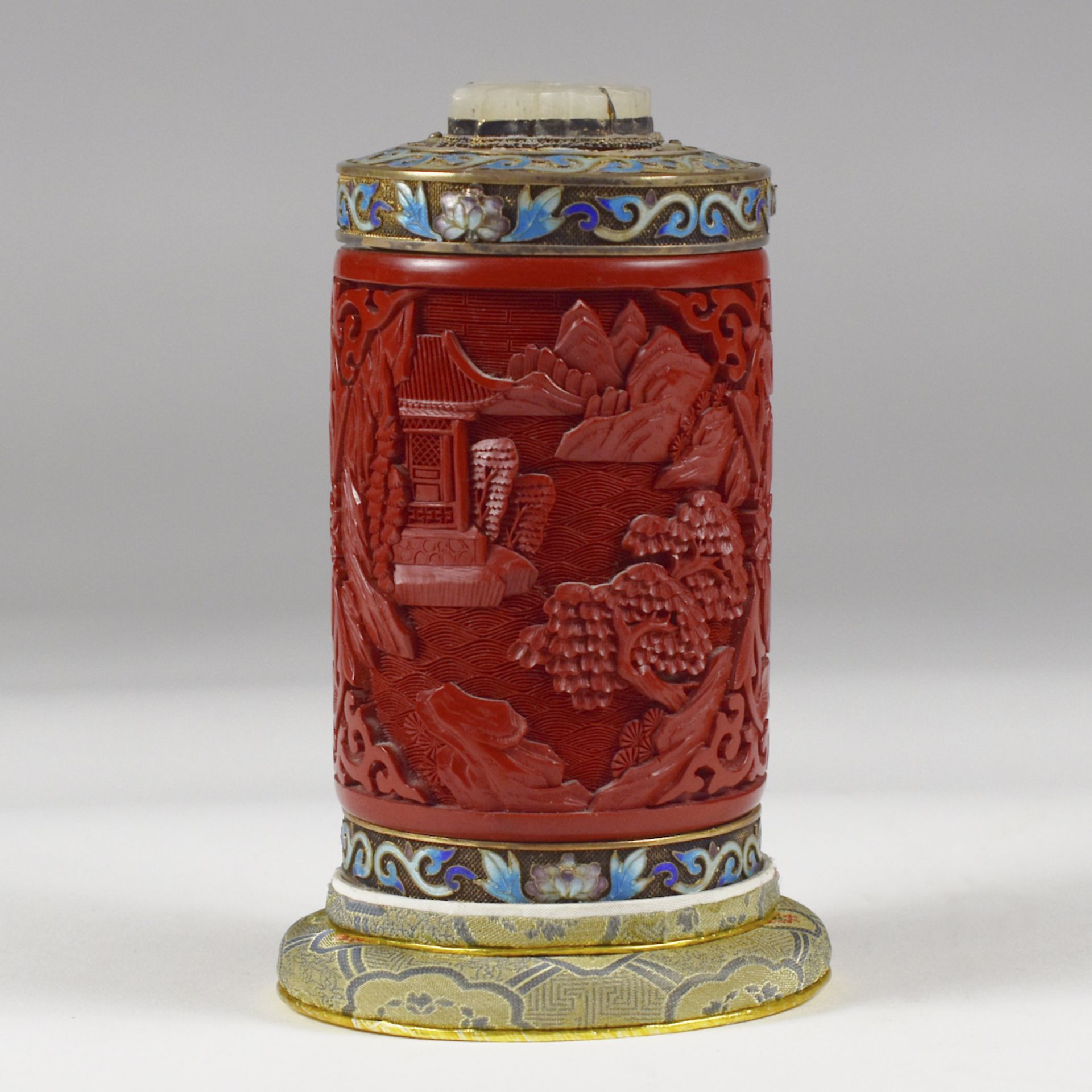 20th c. Chinese Cinnabar Enamel & Jade Tea Caddy - Image 3 of 10