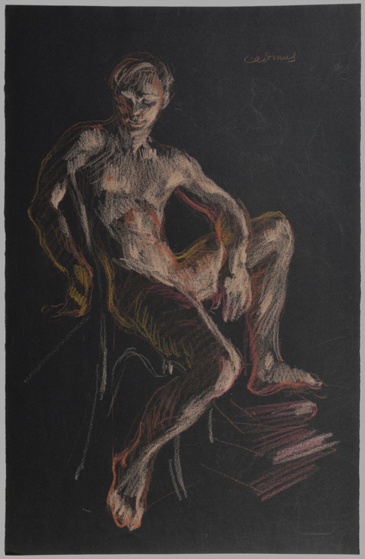 Paul Cadmus Seated Male Nude Crayon on Black Paper - Image 2 of 4