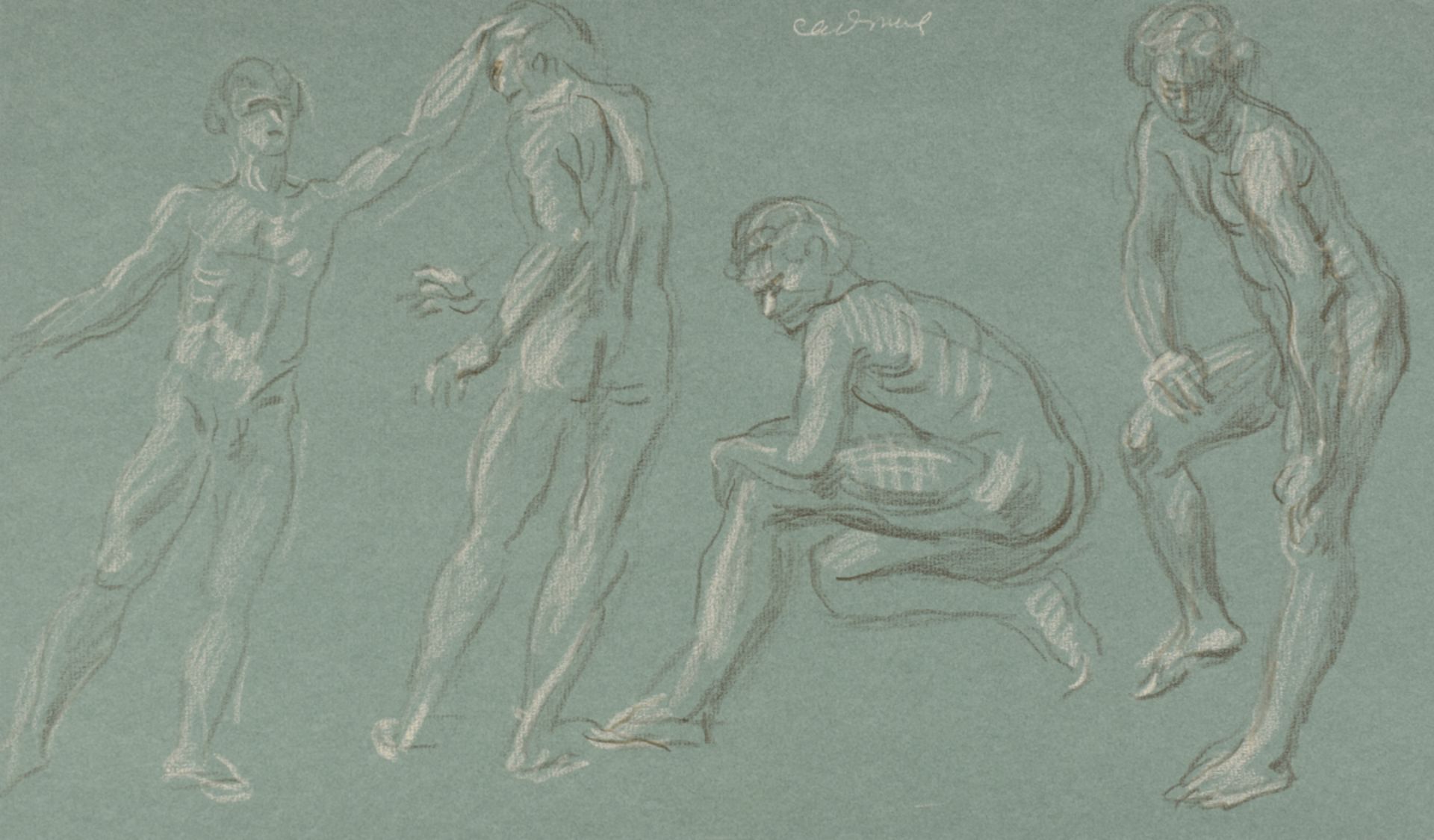 Paul Cadmus 4 Nudes Crayon on Green Paper