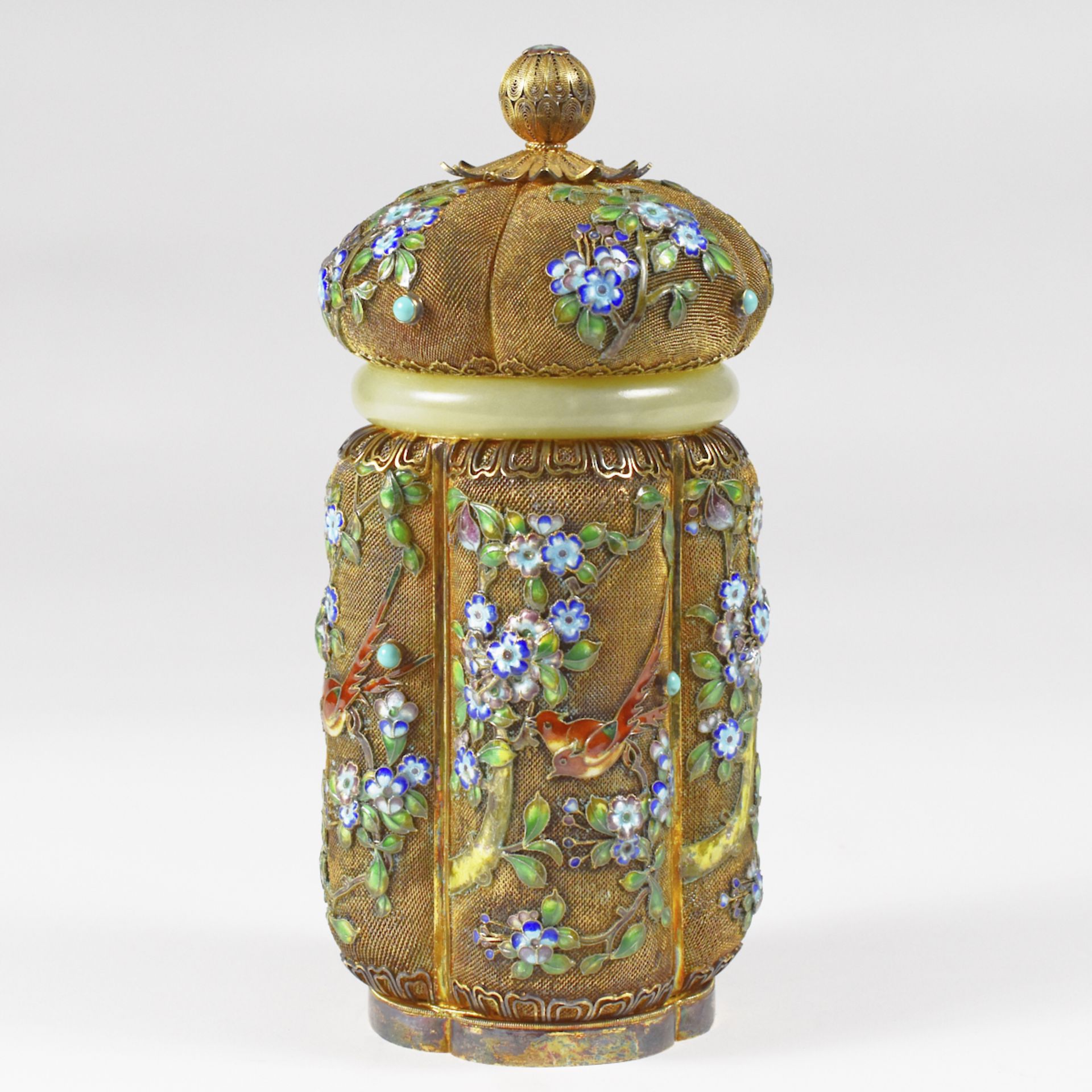 20th c. Chinese Enamel silver & Jade Tea Caddy - Image 2 of 8