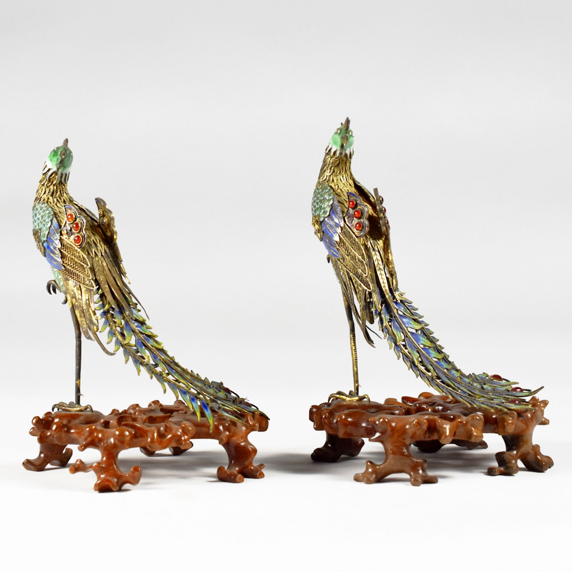 Pair of Chinese Enameled Silver Phoenix Birds - Image 4 of 7