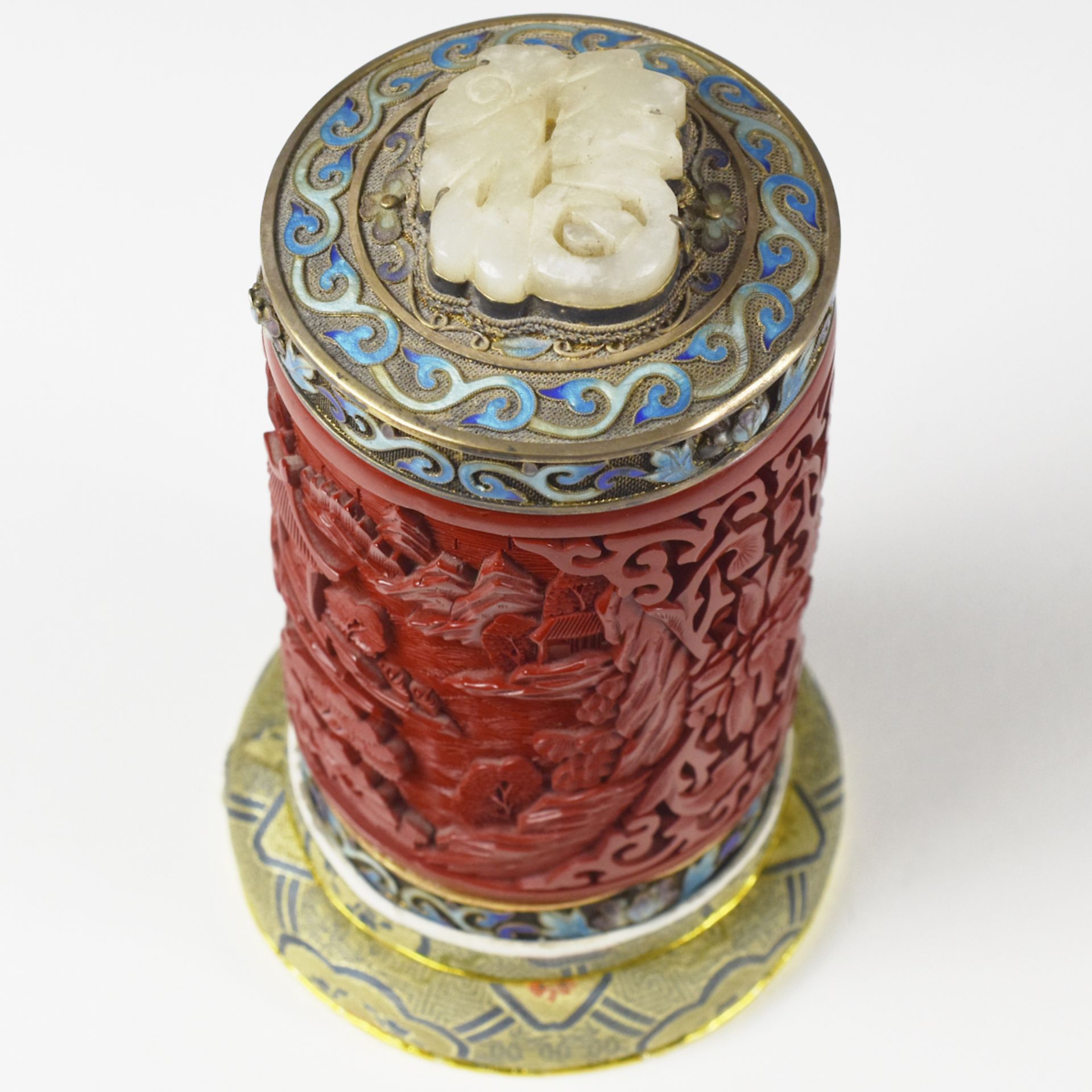 20th c. Chinese Cinnabar Enamel & Jade Tea Caddy - Image 5 of 10